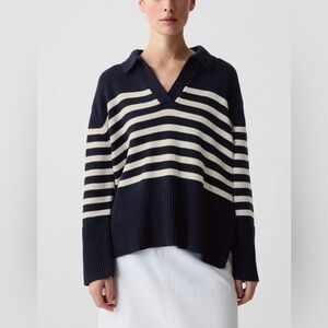 GAP Tall 24/7 Split-Hem Polo Sweater navy white stripe
